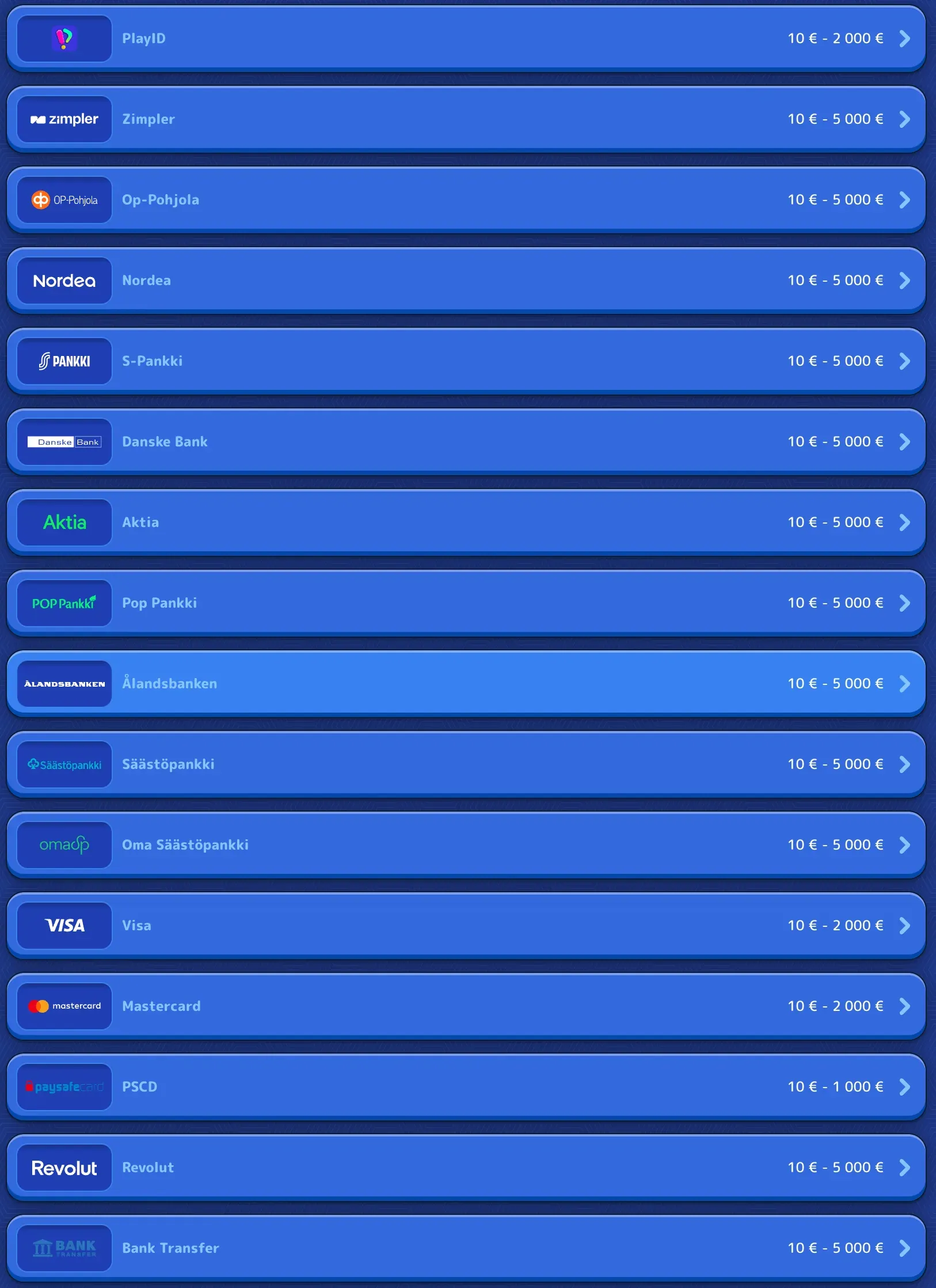 Kuvakaappaus Pistolo kasinon suomalaisista maksutavoista, kuten OP, Nordea ja S-Pankki Zimpler-siirroilla.